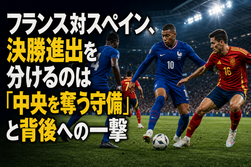 フランス代表とスペイン代表が中盤で競り合うワールドカップ準決勝のイメージ。
