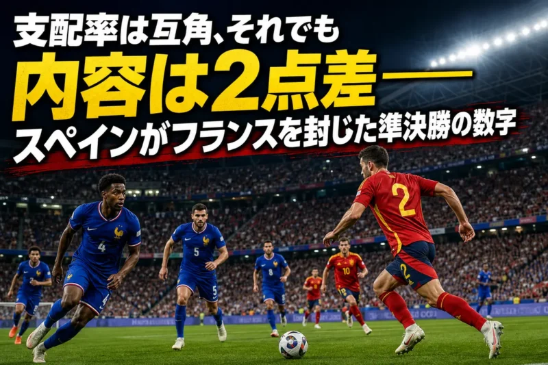 フランスとスペインが中盤で激しく競り合うワールドカップ準決勝のイメージ。