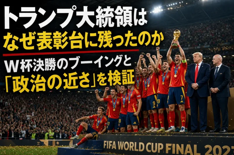 W杯優勝トロフィーを掲げるスペイン代表と表彰台に残る関係者。