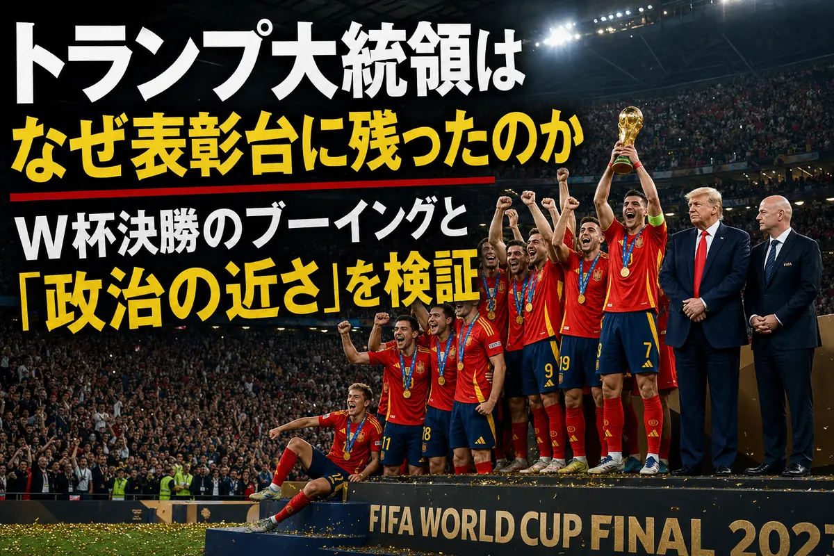 W杯優勝トロフィーを掲げるスペイン代表と表彰台に残る関係者。
