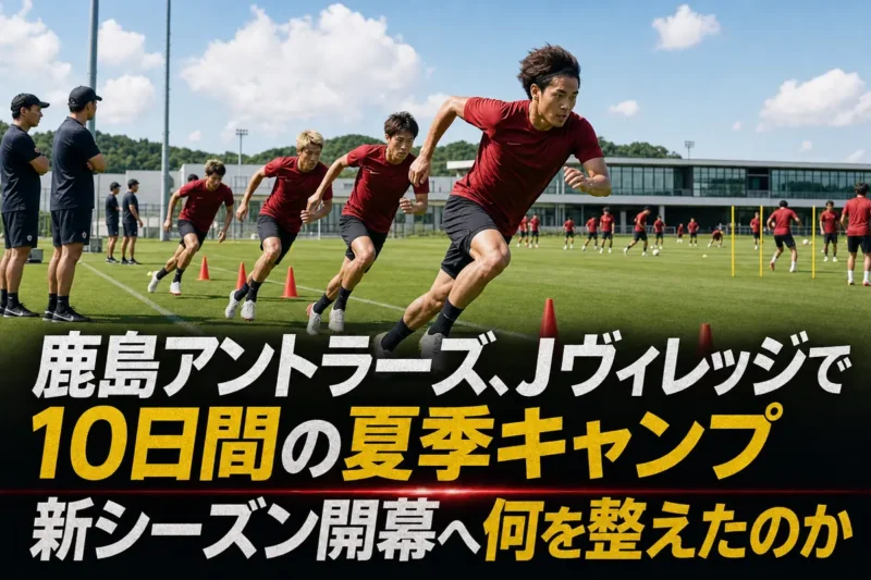 Jヴィレッジの緑のピッチで夏季トレーニングに励むサッカーチーム。