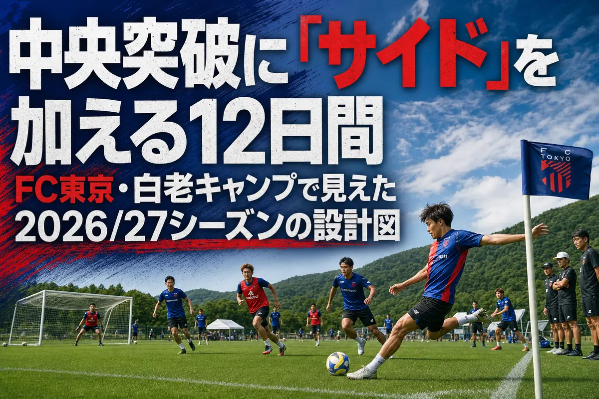 北海道・白老町の芝生でサイド攻撃を練習するFC東京をイメージした風景。