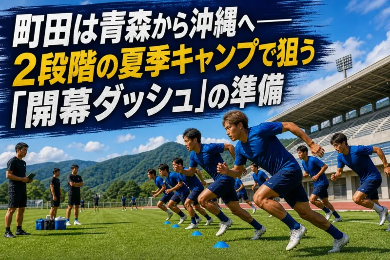 夏の陸上競技場で強度の高いトレーニングに取り組むサッカーチーム。