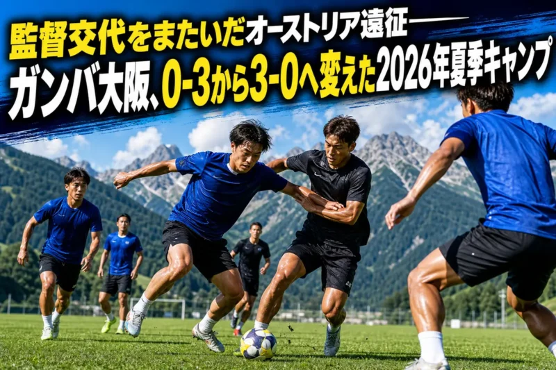 オーストリアの山々を背景に練習するガンバ大阪の選手たち。