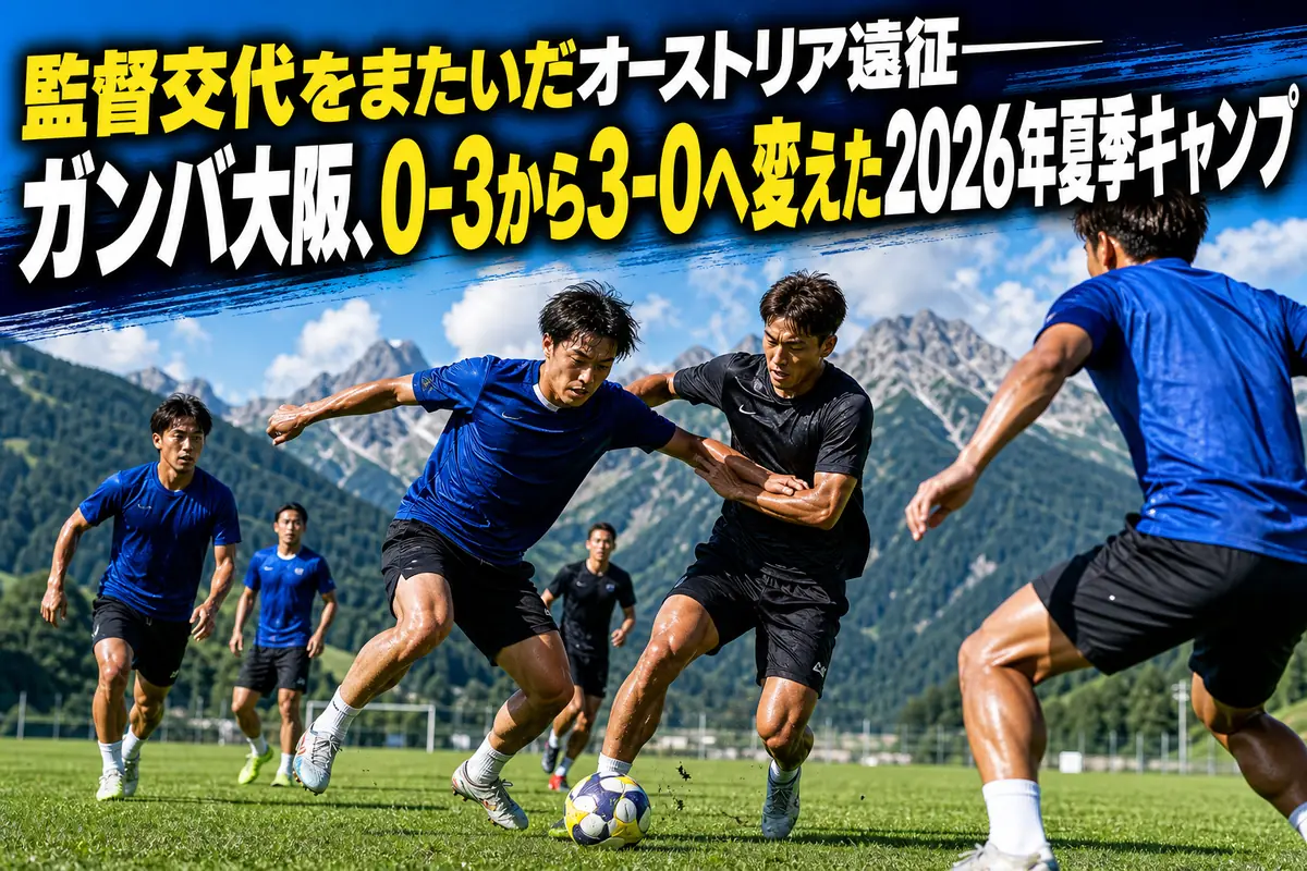 オーストリアの山々を背景に練習するガンバ大阪の選手たち。