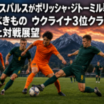オーストリアの山並みを背景に、清水とポリッシャの選手が中盤で競り合う場面。