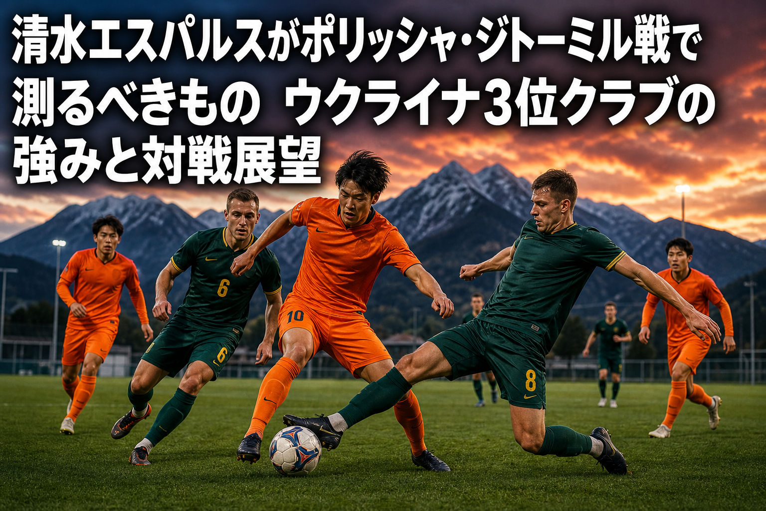 オーストリアの山並みを背景に、清水とポリッシャの選手が中盤で競り合う場面。