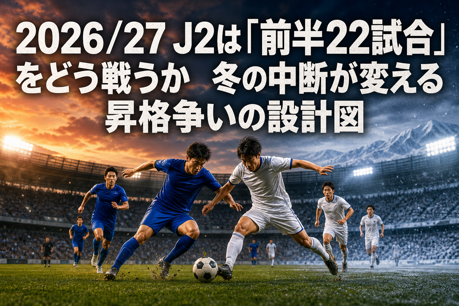 夏のスタジアムで中盤の競り合いをするサッカー選手たち。