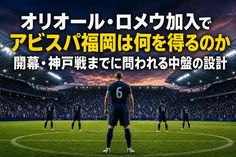 開幕戦を前に中盤で配置を確認する青紺のユニフォームのサッカー選手。
