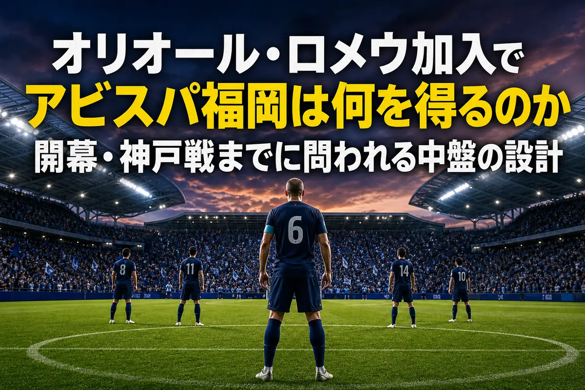 開幕戦を前に中盤で配置を確認する青紺のユニフォームのサッカー選手。