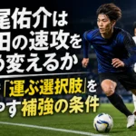 左サイドをドリブルで前進するサッカー選手。