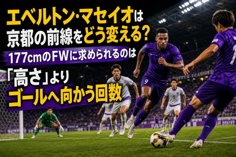 ゴール前へ走り込む京都サンガF.C.のFWをイメージしたサッカーの試合風景。
