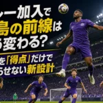 アレー加入で広島の前線はどう変わる? 高さを「得点」だけで終わらせない新設計 広島の大型FWを起点に前線が動き出すイメージ。