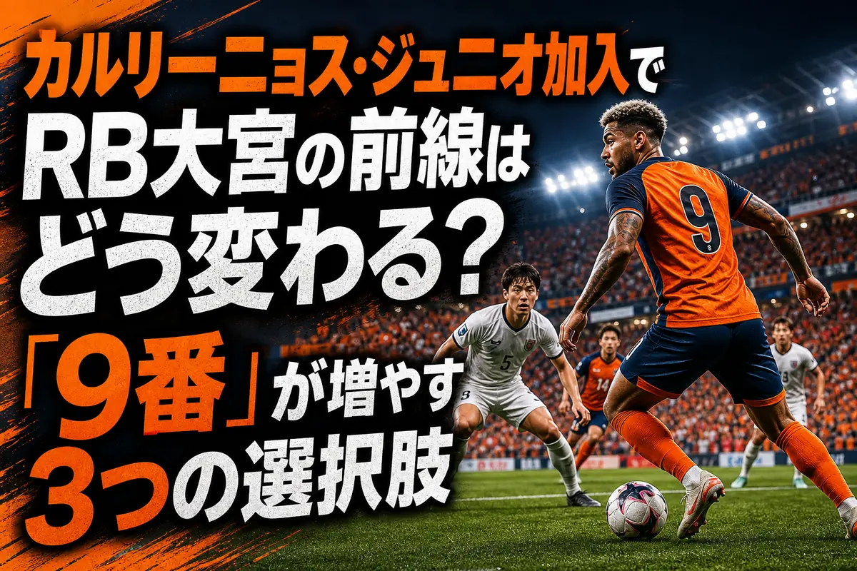 RB大宮の背番号9のFWがゴール前でボールを収める場面。