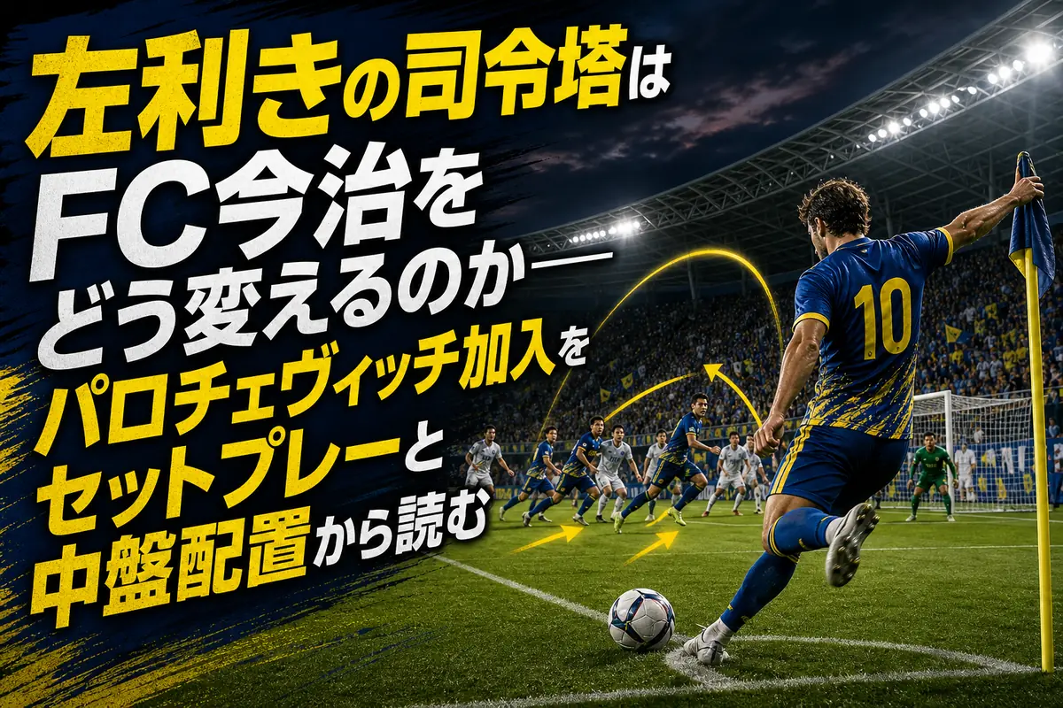 左足のキックでCKを蹴るFC今治の中盤選手をイメージしたサムネイル。