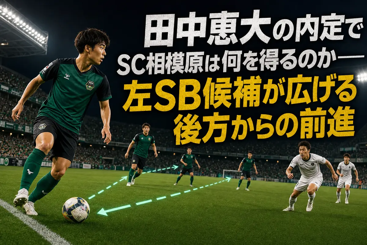 左サイドでパスを受け、後方から攻撃を組み立てるサッカー選手。