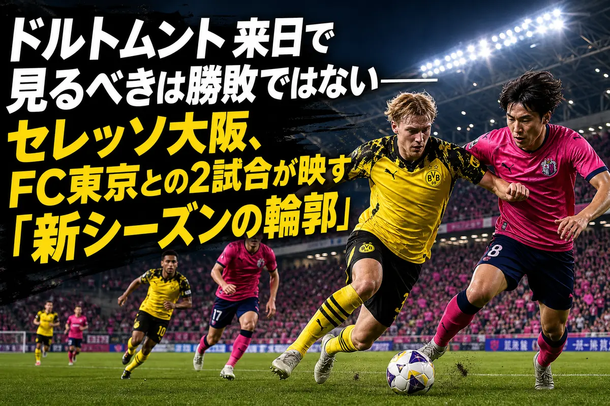 日本で行われるドルトムントとJクラブの親善試合をイメージしたサッカー場面。