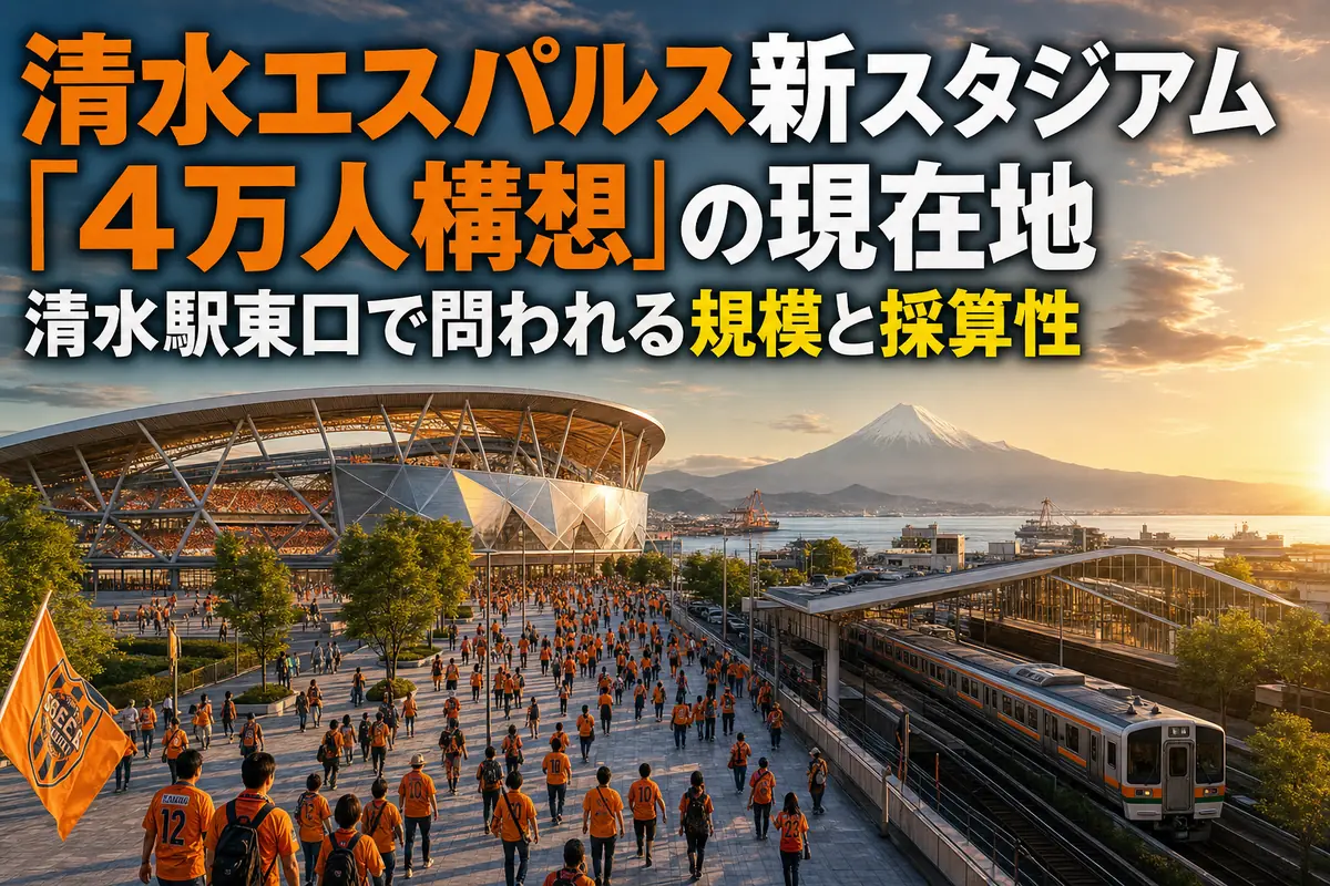 JR清水駅東口の新スタジアム構想をイメージした風景。