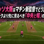 セレッソ大阪はマチン新監督でどう変わる? 3バックより先に見るべき「中央と幅」の再設計 3バックから両サイドへ展開するピンクのユニフォームの選手たち。