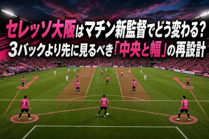 3バックから両サイドへ展開するピンクのユニフォームの選手たち。