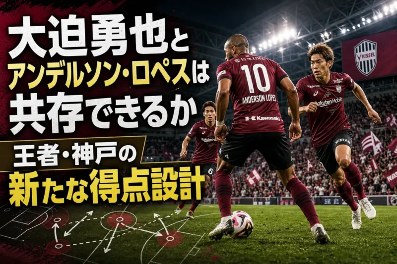 神戸の前線で連係する2人のストライカーと後方から支える中盤のイメージ。