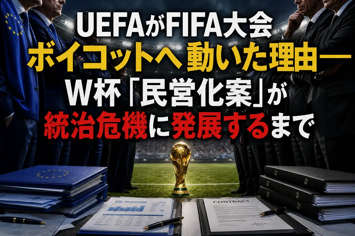 国際サッカー大会の運営をめぐり対立する組織を象徴したスタジアムのイメージ。
