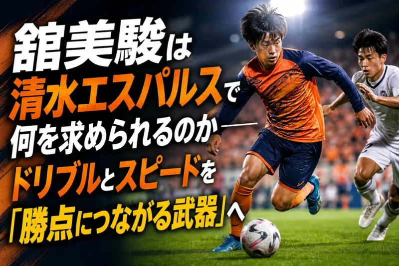オレンジ色のウェアを着た若手MFがピッチでドリブルするイメージ。
