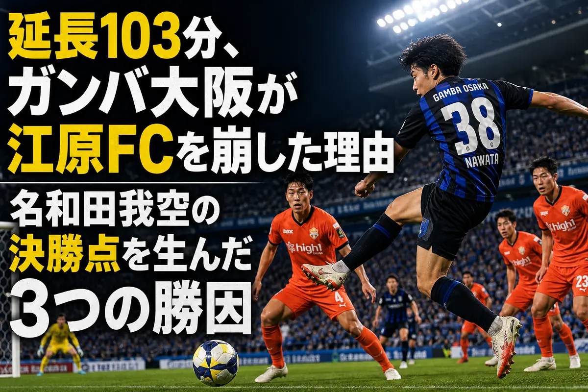 延長戦で右からのクロスに合わせるガンバ大阪の選手を描いた試合イメージ。