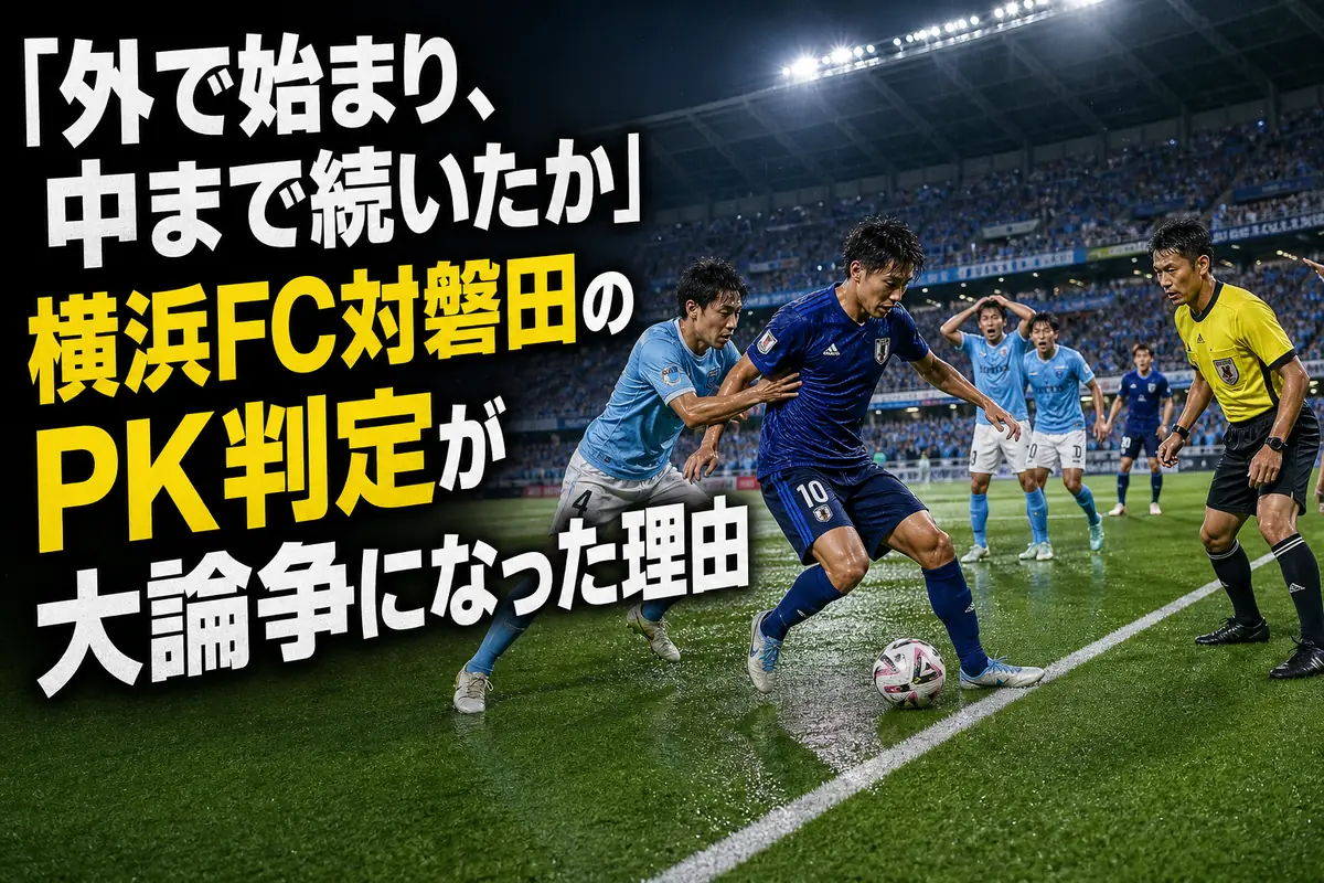 ペナルティーエリア境界付近の攻防を主審が見守るサッカーの試合。