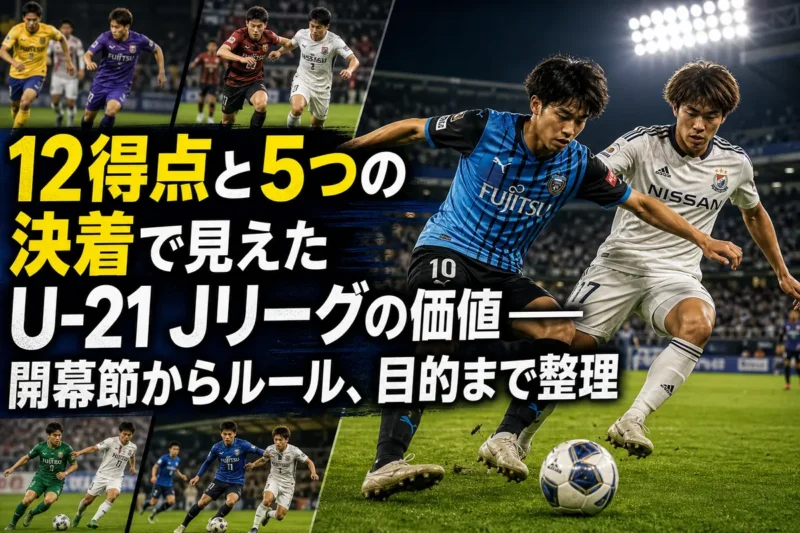 スタジアムで激しくボールを競り合うU-21年代のサッカー選手たち。