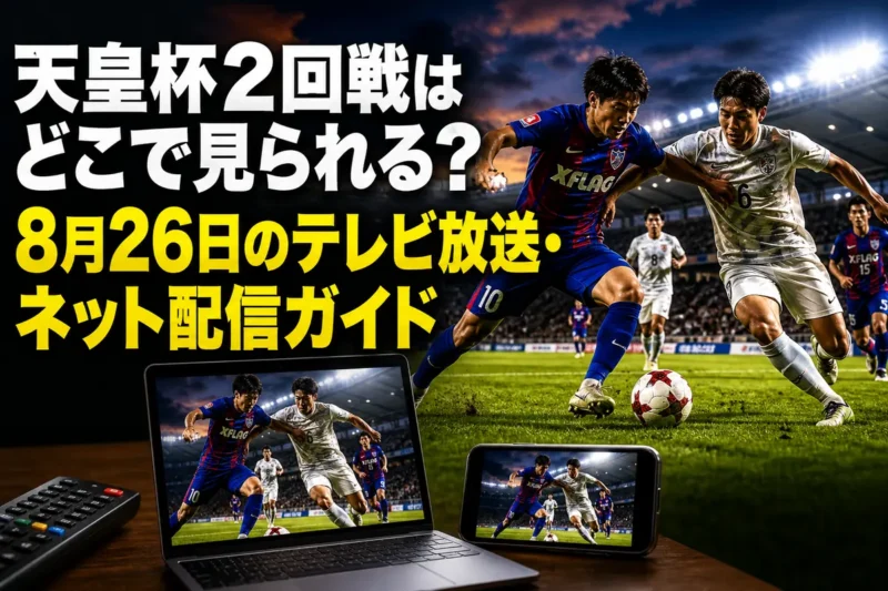 天皇杯の試合とテレビ、パソコン、スマートフォンを組み合わせた視聴案内のイメージ。