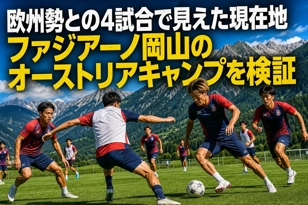 オーストリアの山々を背景に夏季キャンプで練習するサッカーチーム。