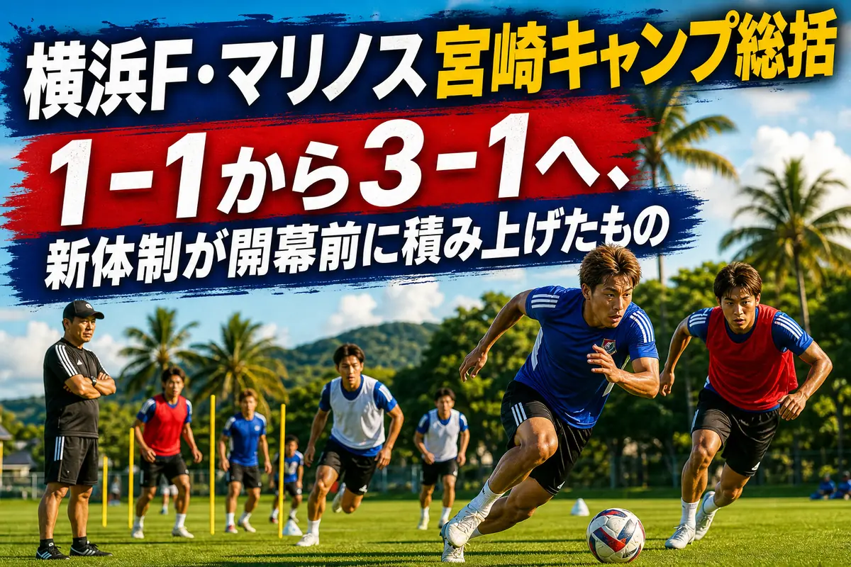 宮崎の練習場で夏季キャンプに取り組む横浜F・マリノスをイメージした風景。