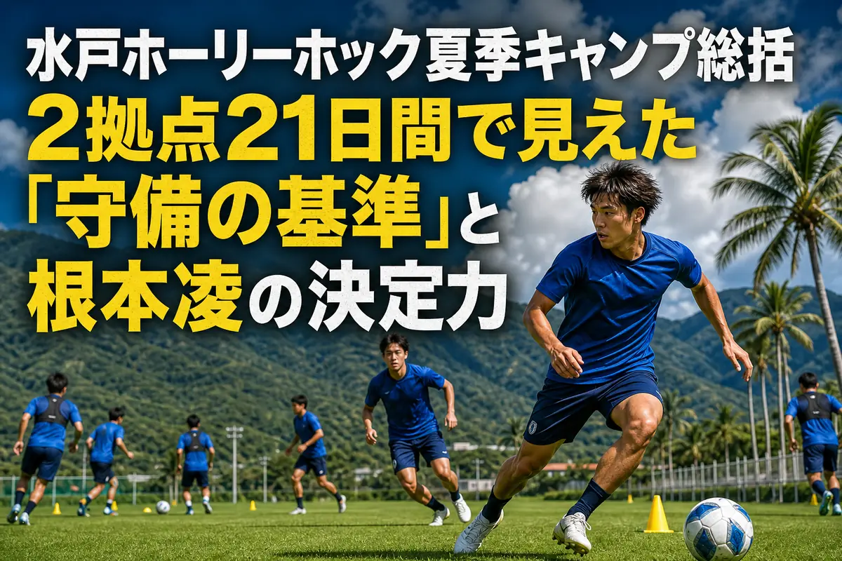夏季キャンプの練習場でトレーニングに取り組むサッカー選手たち。