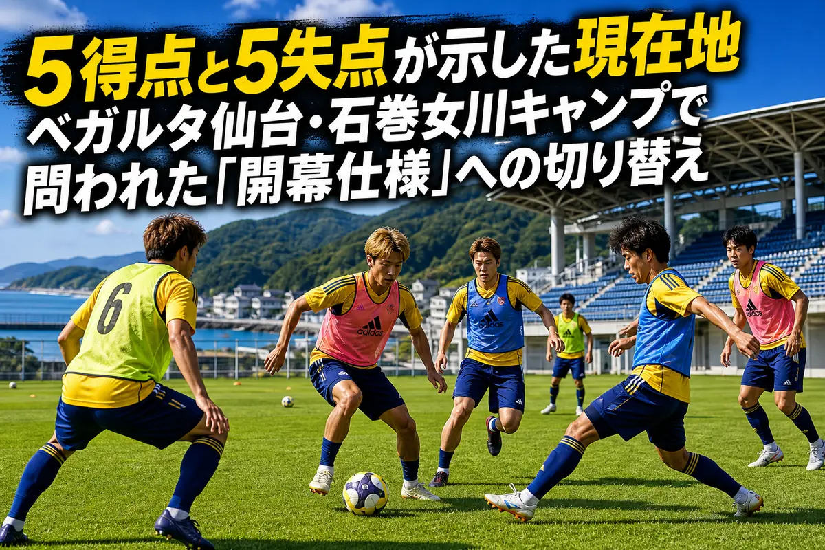 夏の女川で開幕に向けたトレーニングに取り組むサッカーチームのイメージ。