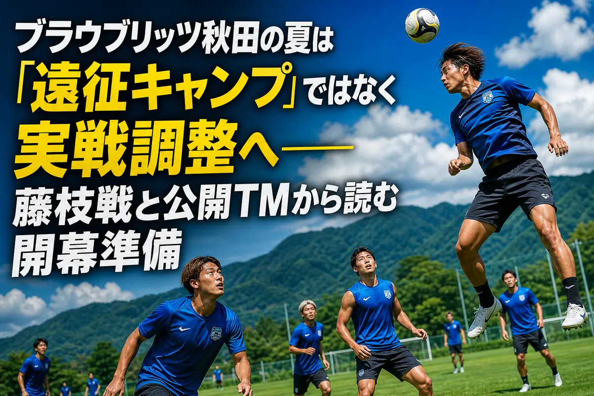 夏の秋田で実戦形式のトレーニングに臨む青いユニフォームのサッカー選手たち。