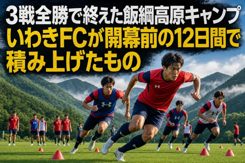 飯綱高原の緑に囲まれたグラウンドでトレーニングするサッカー選手たち。
