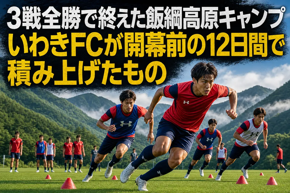飯綱高原の緑に囲まれたグラウンドでトレーニングするサッカー選手たち。