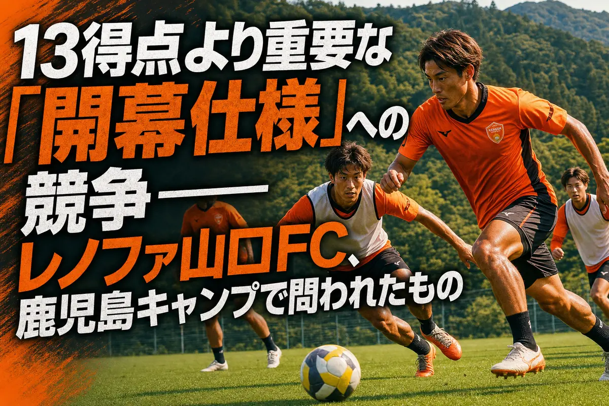 鹿児島の緑豊かなグラウンドでトレーニングに励むサッカーチームのイメージ。