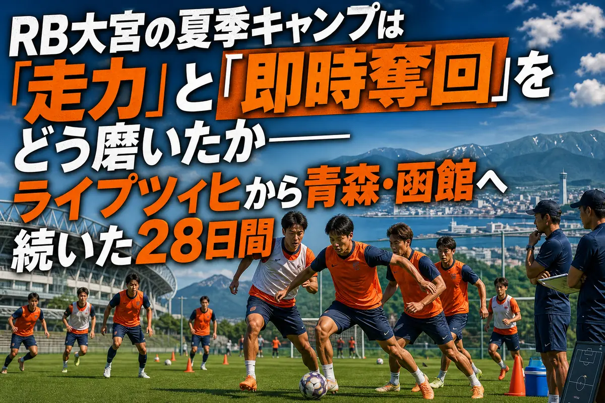 夏季キャンプで連動したプレスを練習するRB大宮アルディージャの選手たちを表現したイメージ。