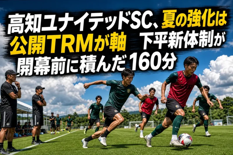 夏のピッチで実戦形式のトレーニングに取り組むサッカーチーム。