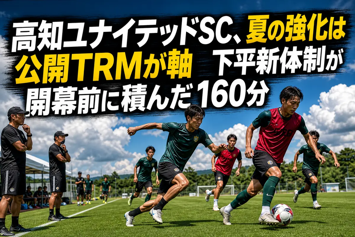 夏のピッチで実戦形式のトレーニングに取り組むサッカーチーム。