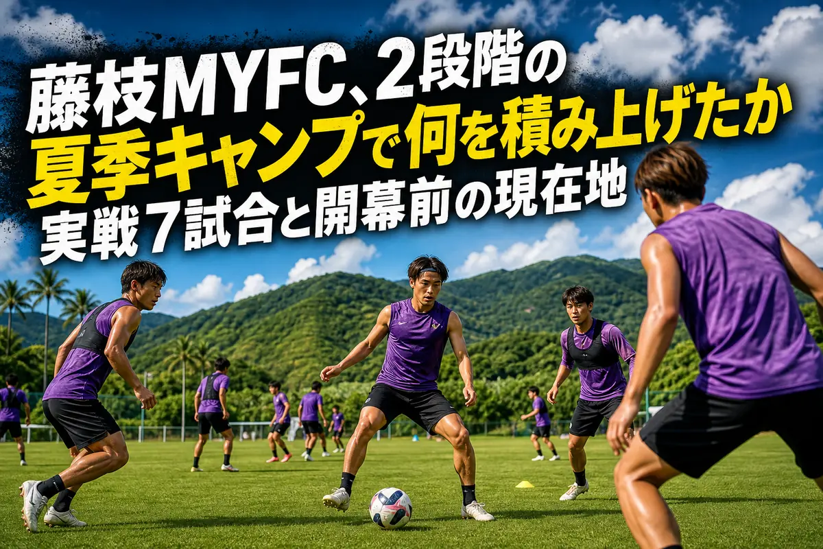 夏空の下でトレーニングに取り組む藤枝MYFCをイメージした風景。