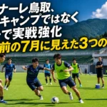 夏の練習場で実戦形式のトレーニングに取り組むサッカーチーム。
