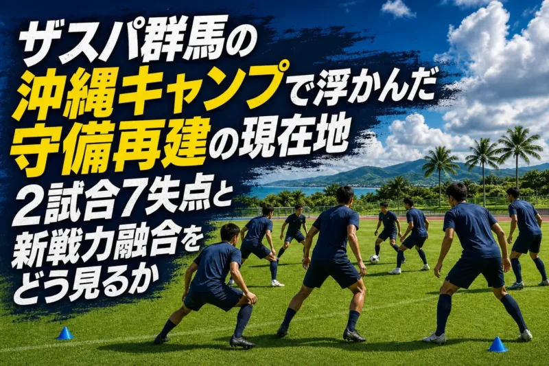 沖縄の練習場で守備連係を確認するサッカーチームのイメージ。