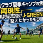 夏のトレーニング施設で戦術練習に取り組むサッカーチーム。