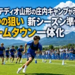 庄内の緑豊かなピッチで夏季トレーニングに励むサッカーチーム。