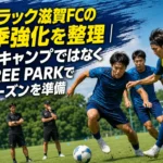 レイラック滋賀FCの夏季強化を整理|遠征キャンプではなくJ-FREE PARKで新シーズンを準備 夏の練習場で新シーズンに向けてトレーニングするサッカーチーム。