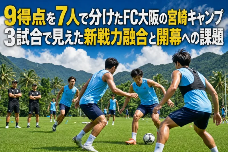 宮崎の緑豊かなピッチで夏季キャンプに取り組むサッカー選手たち。