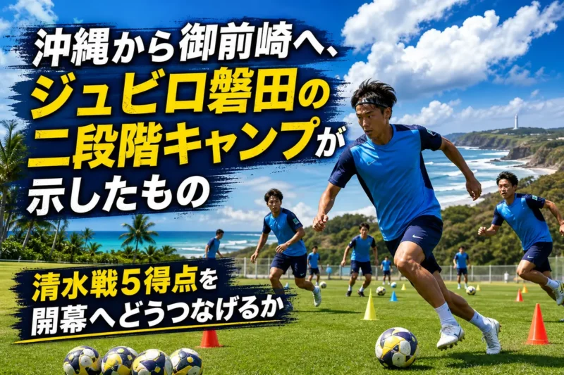 夏空の下でトレーニングに取り組む青いウェアのサッカー選手たち。
